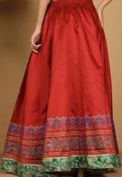 Block Printed Art Silk Skirt in Maroon