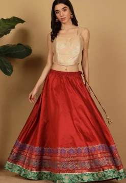 Block Printed Art Silk Skirt in Maroon
