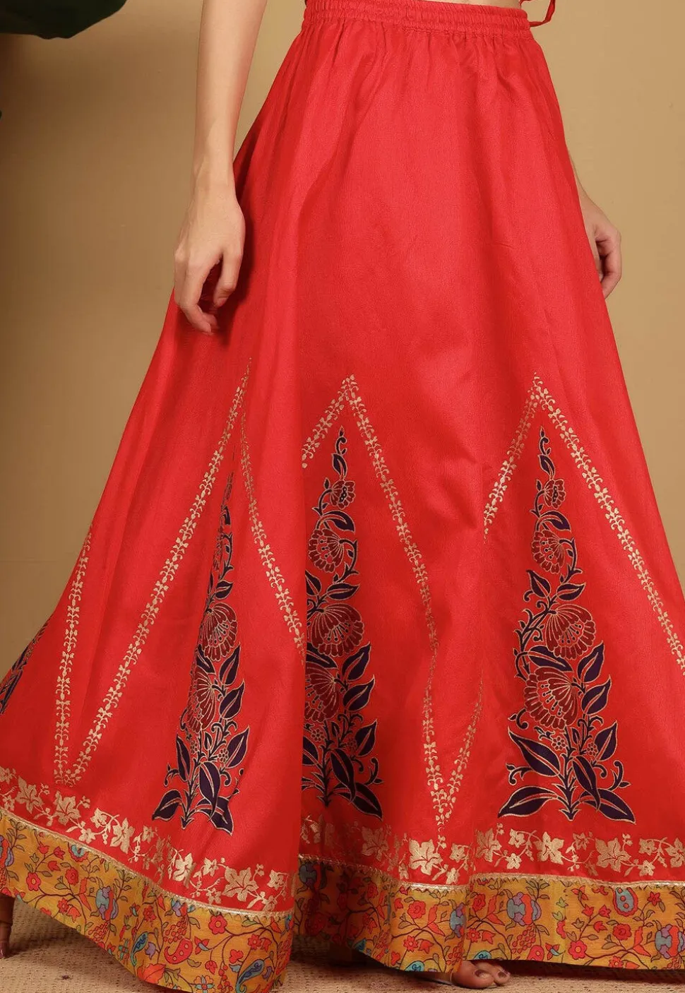 Block Printed Art Silk Skirt in Red