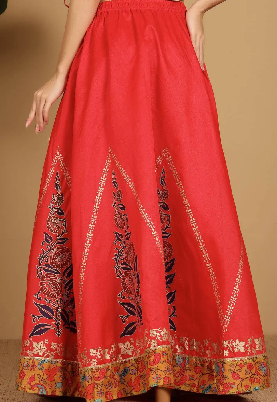 Block Printed Art Silk Skirt in Red