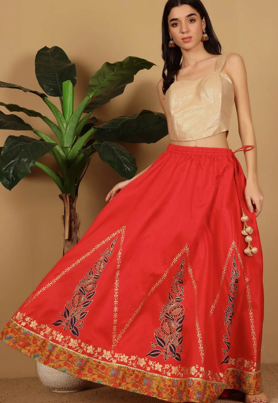 Block Printed Art Silk Skirt in Red