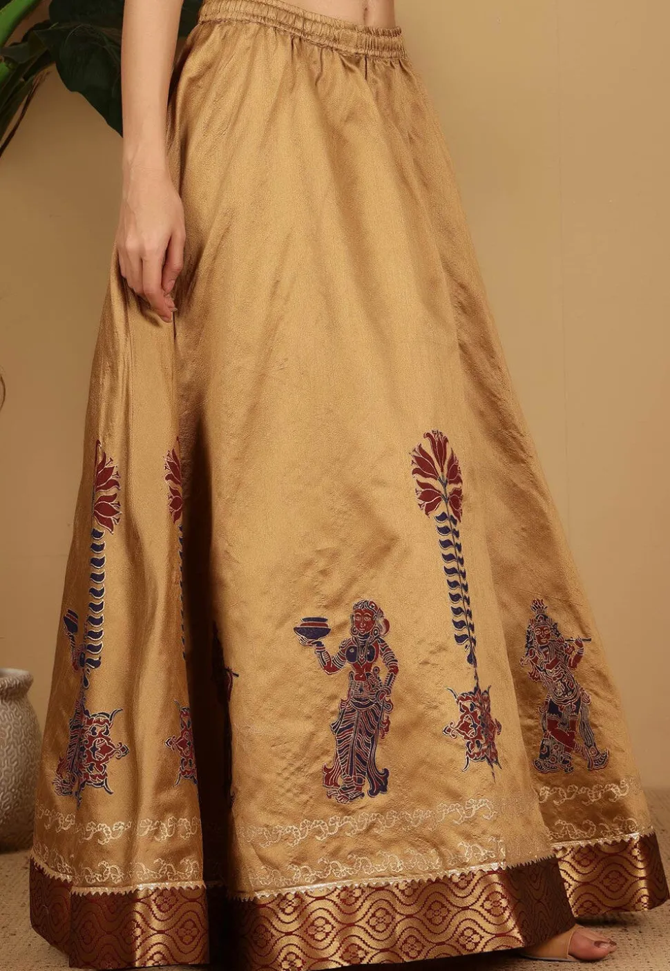 Block Printed Art Silk Skirt in Beige