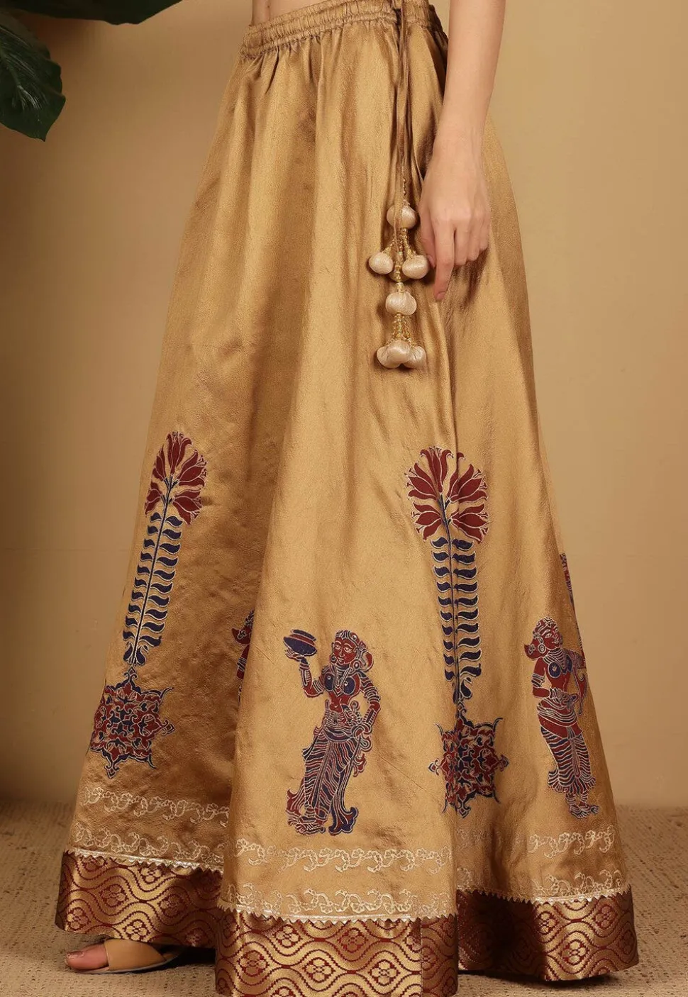 Block Printed Art Silk Skirt in Beige