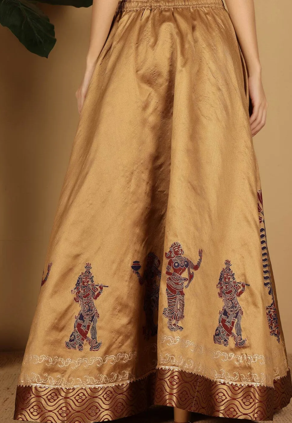 Block Printed Art Silk Skirt in Beige