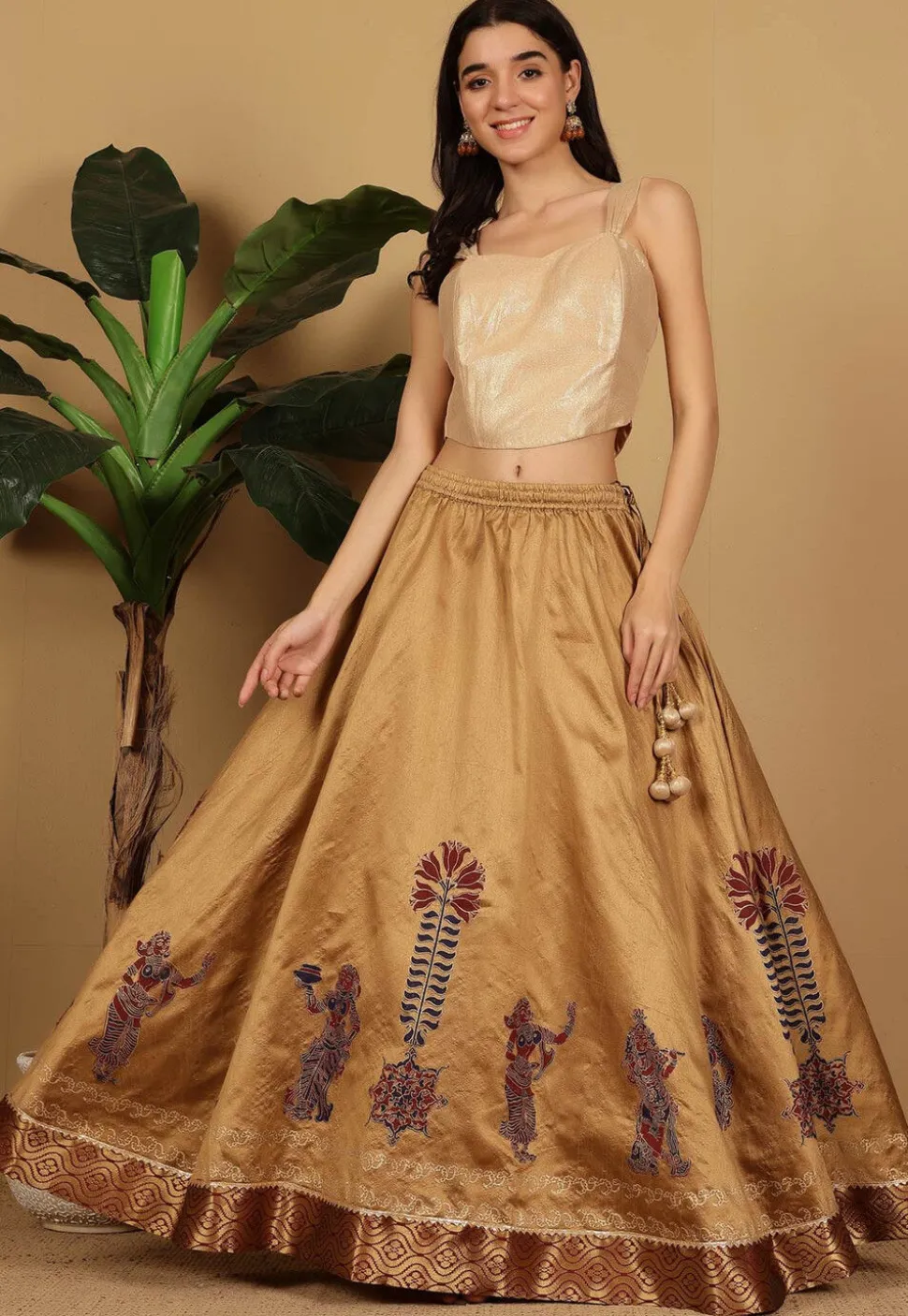 Block Printed Art Silk Skirt in Beige