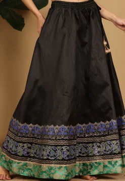 Block Printed Art Silk Skirt in Black