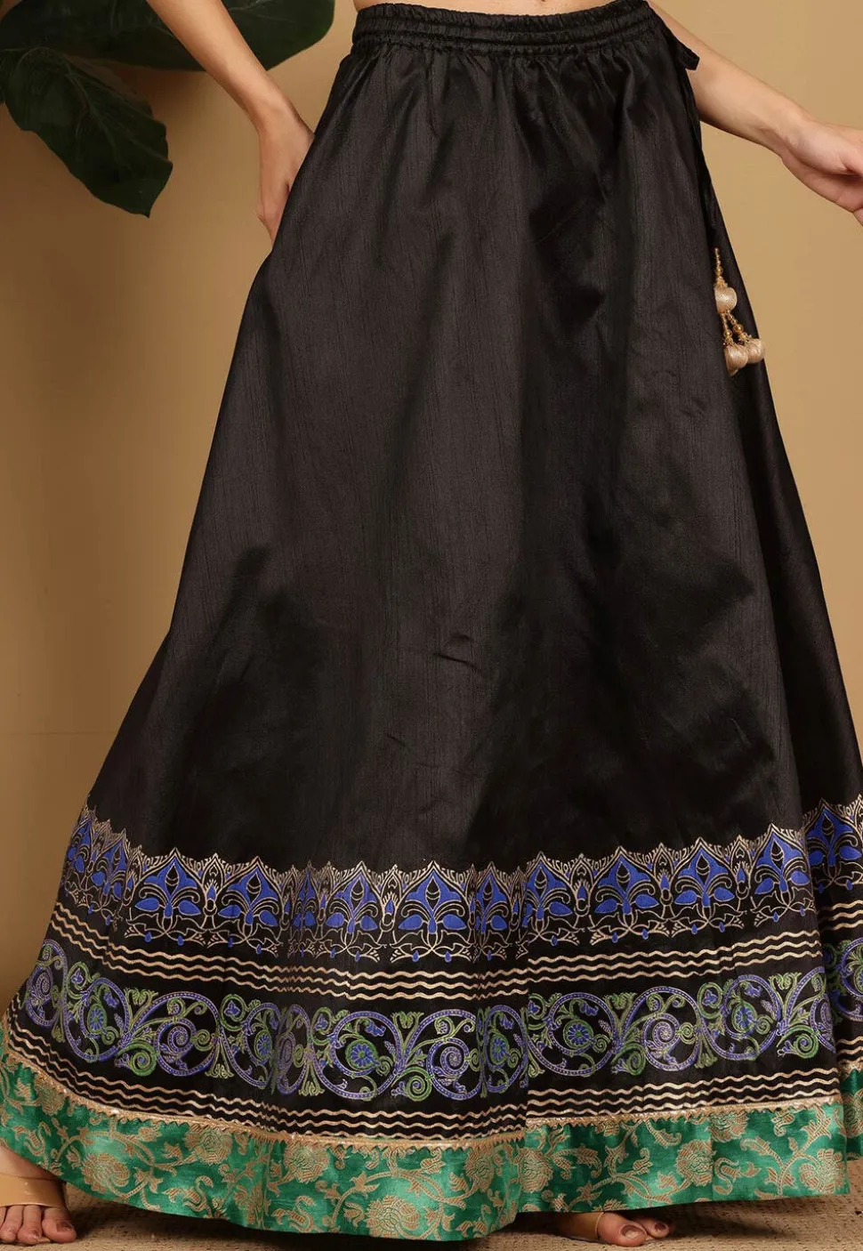 Block Printed Art Silk Skirt in Black