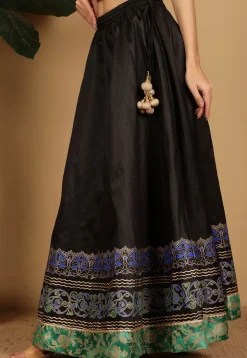 Block Printed Art Silk Skirt in Black