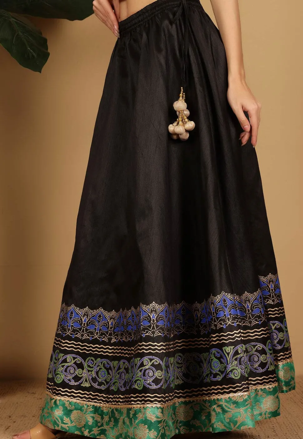 Block Printed Art Silk Skirt in Black