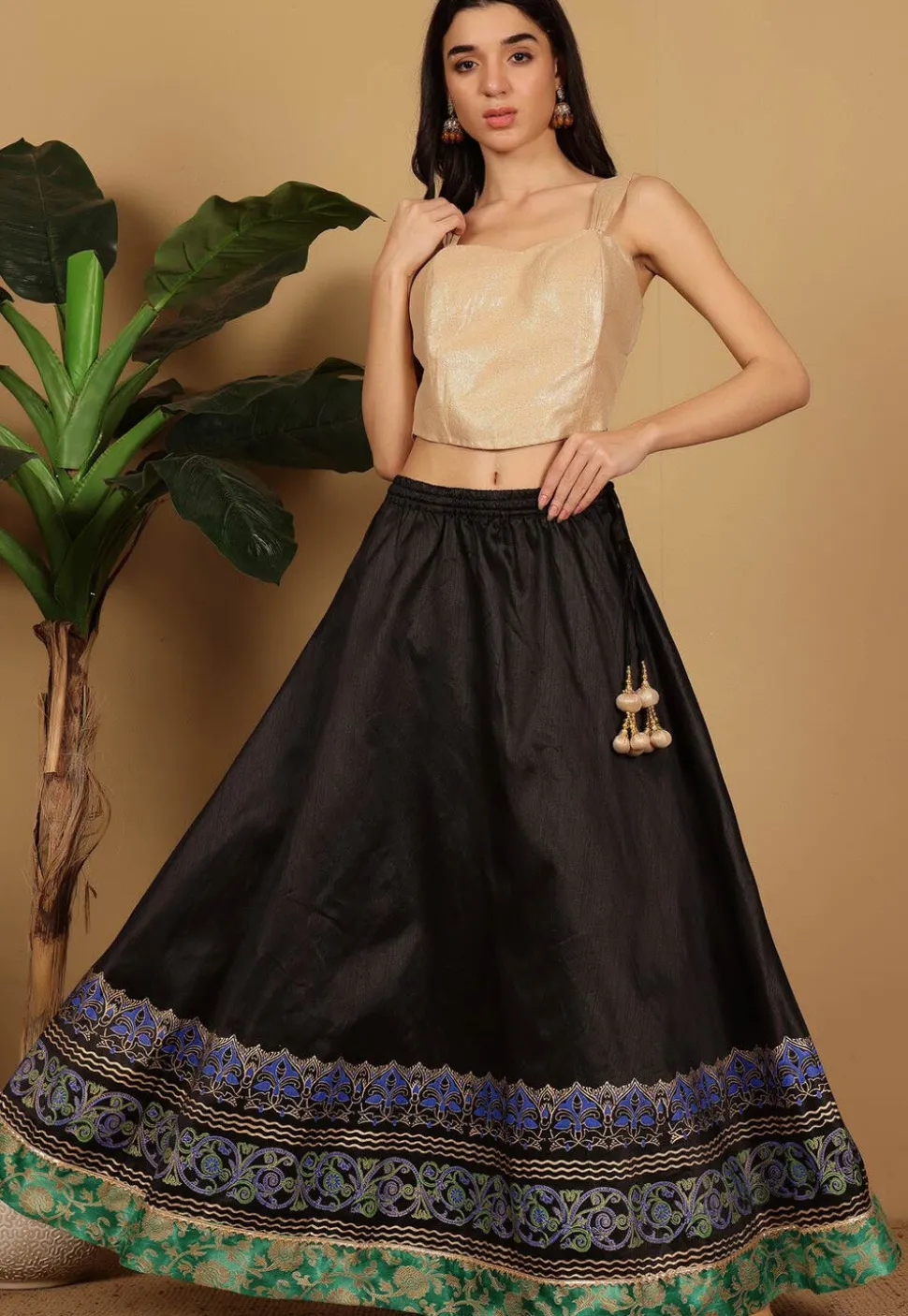 Block Printed Art Silk Skirt in Black