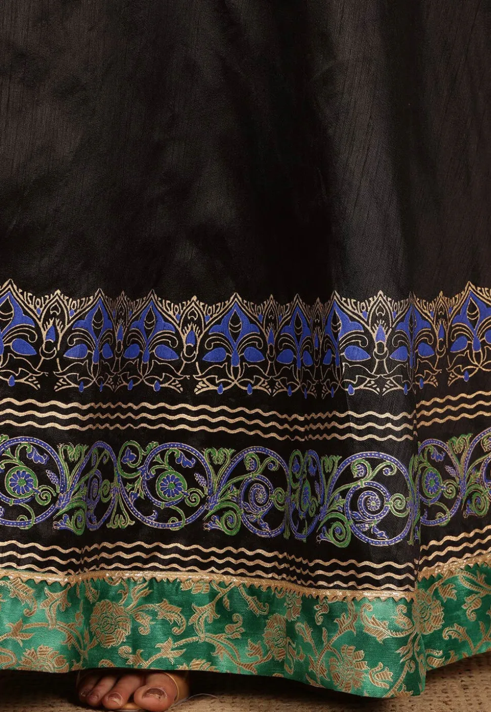 Block Printed Art Silk Skirt in Black