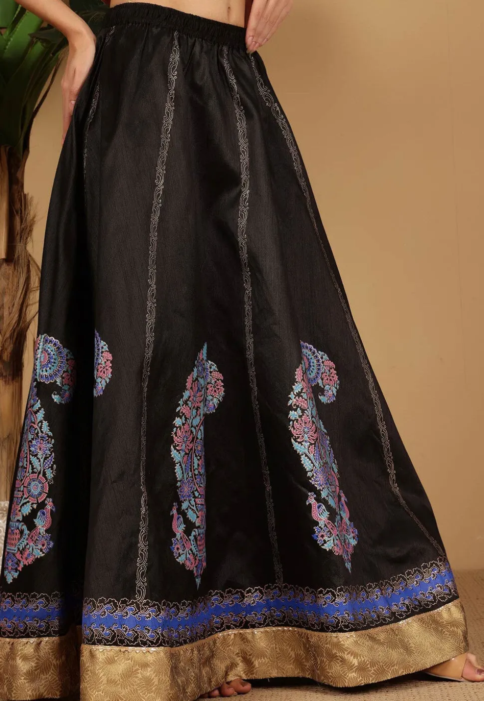 Block Printed Art Silk Skirt in Black