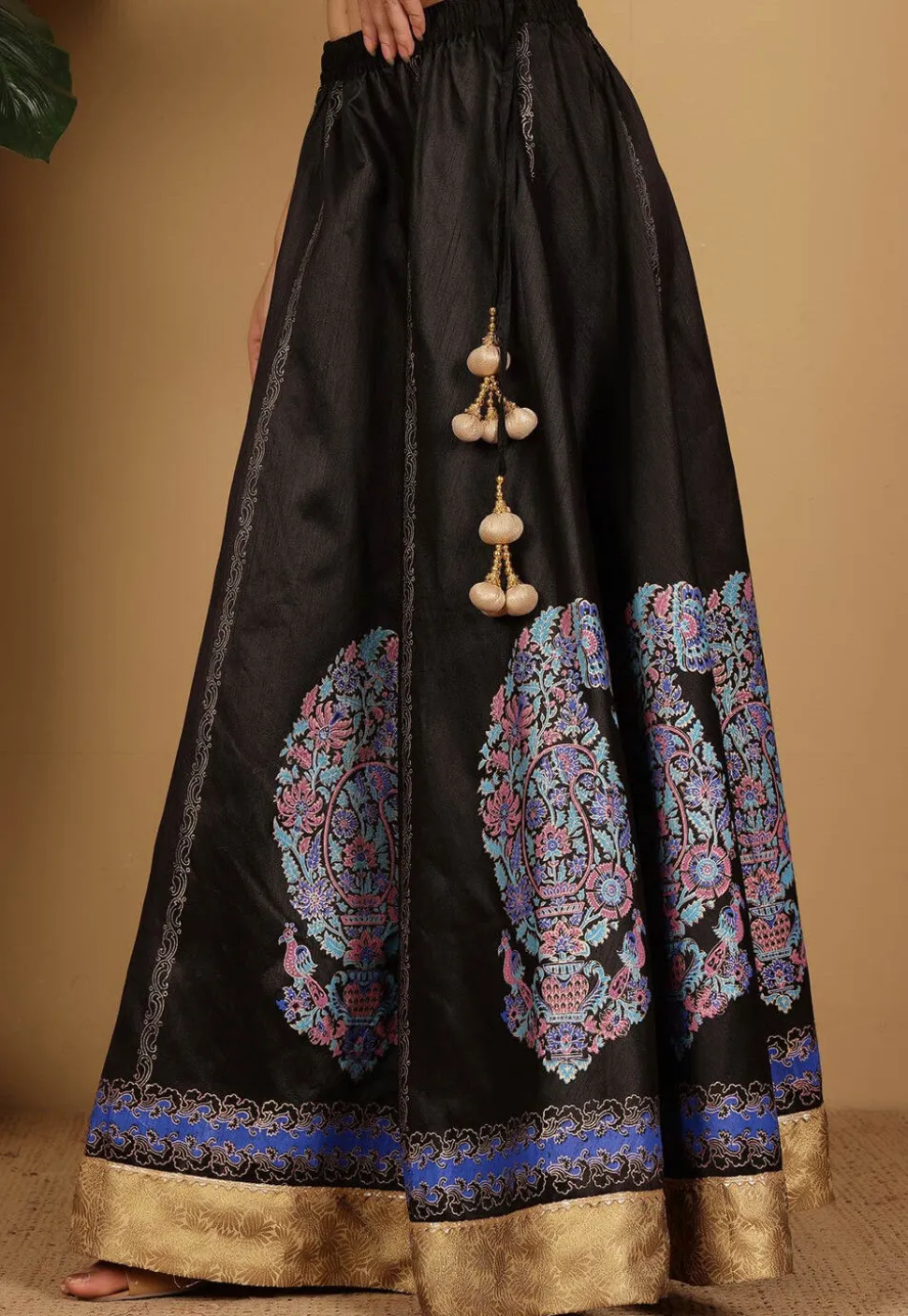 Block Printed Art Silk Skirt in Black