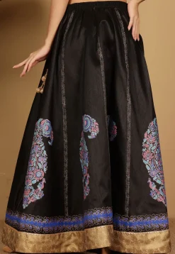 Block Printed Art Silk Skirt in Black