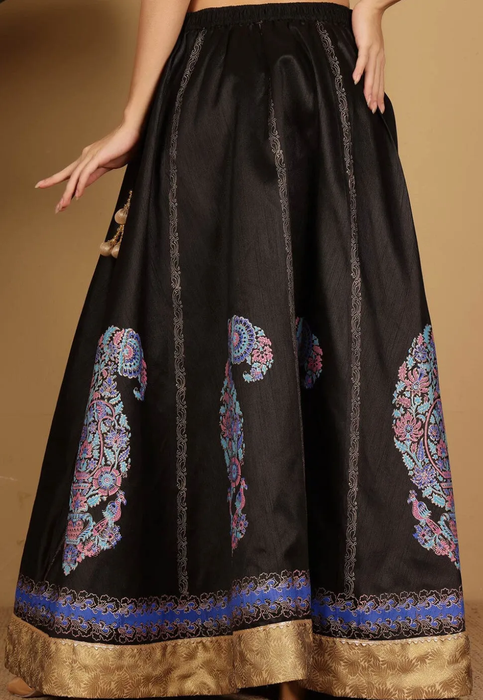 Block Printed Art Silk Skirt in Black