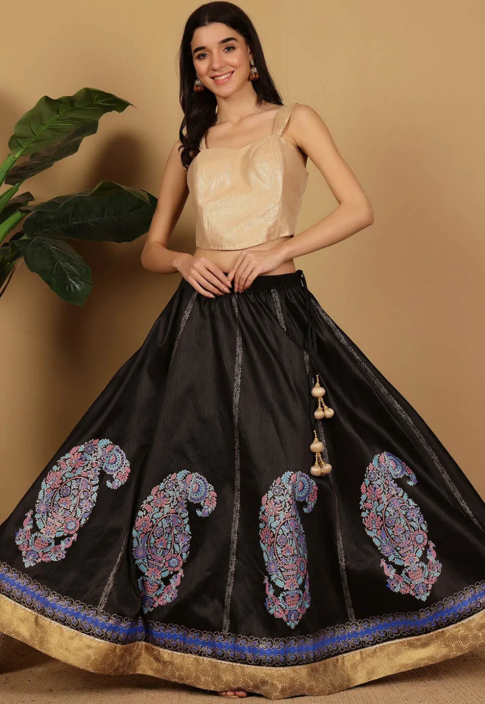 Block Printed Art Silk Skirt in Black