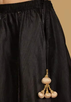 Block Printed Art Silk Skirt in Black