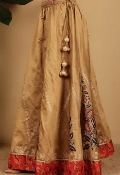 Block Printed Art Silk Skirt in Beige