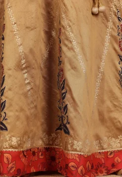 Block Printed Art Silk Skirt in Beige