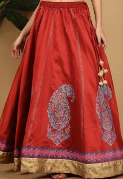 Block Printed Art Silk Skirt in Maroon