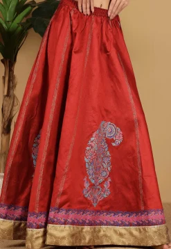 Block Printed Art Silk Skirt in Maroon