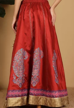 Block Printed Art Silk Skirt in Maroon