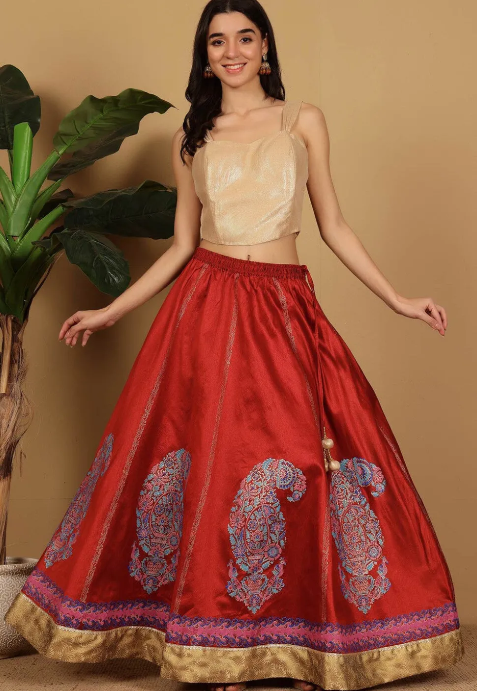 Block Printed Art Silk Skirt in Maroon