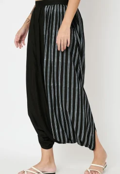 Block Printed Art Viscose Silk Harem Pant in Black