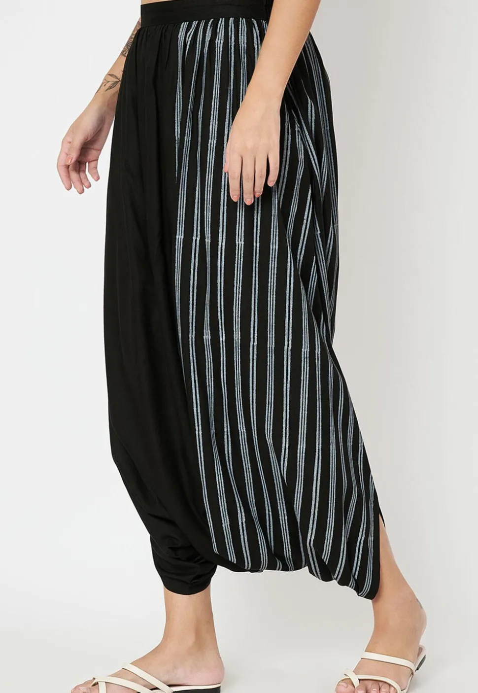 Block Printed Art Viscose Silk Harem Pant in Black