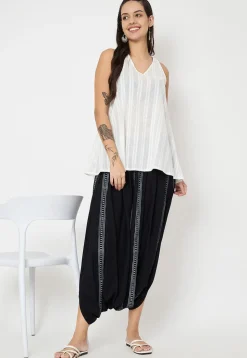 Block Printed Art Viscose Silk Harem Pant in Black
