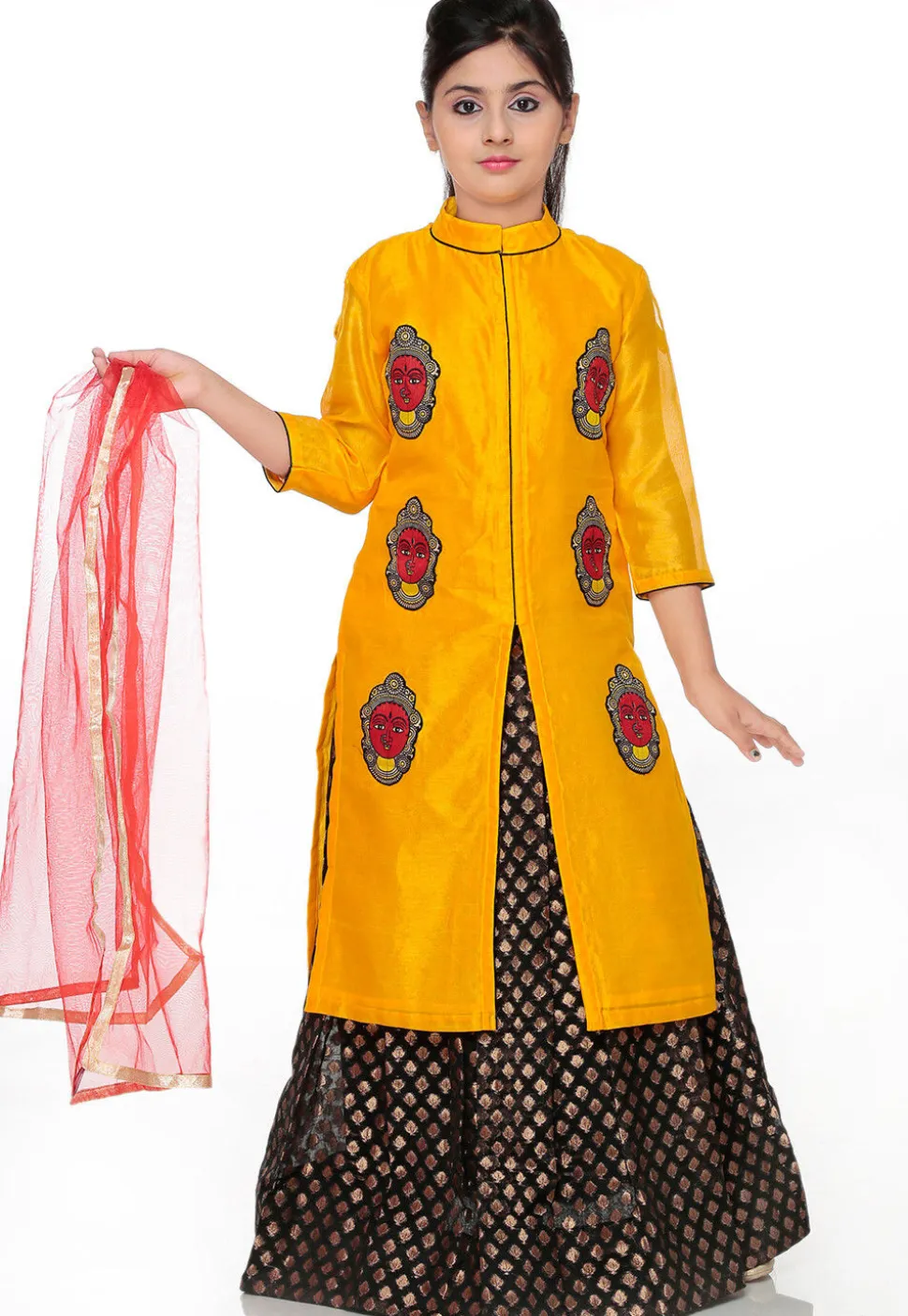 Block Printed Bhagalpuri Silk Lehenga in Mustard