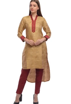Block Printed Bhagalpuri Silk High Low Kurta in Beige