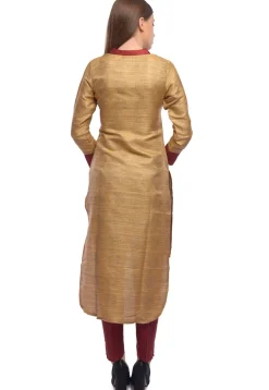 Block Printed Bhagalpuri Silk High Low Kurta in Beige
