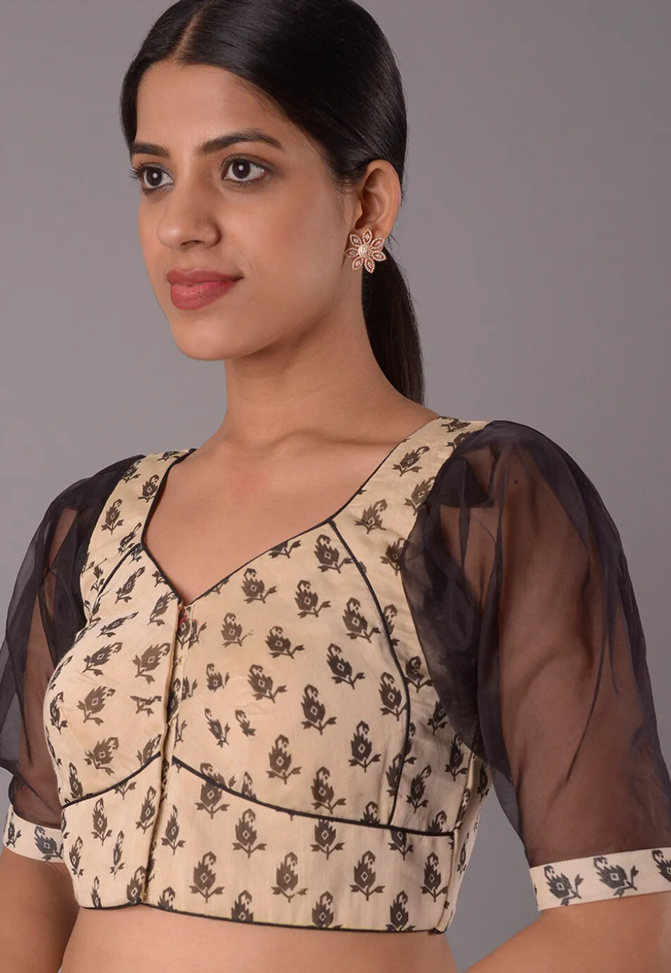 Block Printed Chanderi Cotton Blouse in Beige And Black