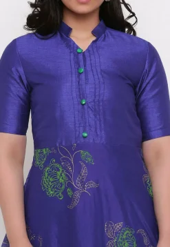 Block Printed Chanderi Silk Gown in Dark Blue
