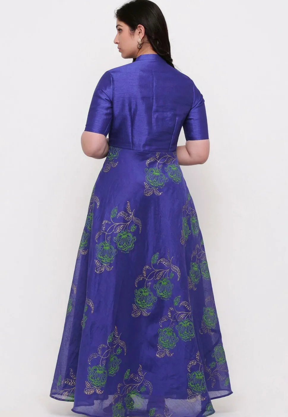 Block Printed Chanderi Silk Gown in Dark Blue