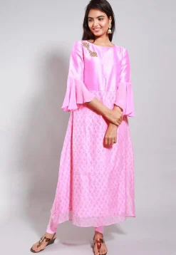 Block Printed Chanderi Silk A Line Kurta in Pink