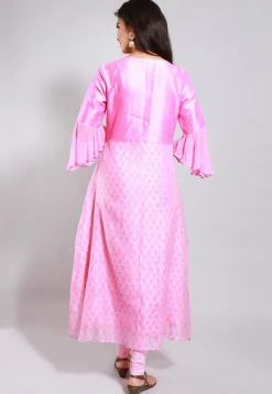 Block Printed Chanderi Silk A Line Kurta in Pink