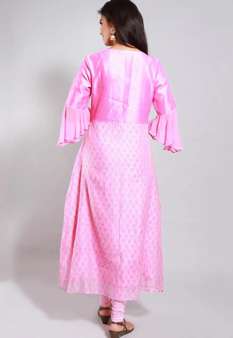 Block Printed Chanderi Silk A Line Kurta in Pink