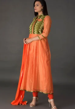 Block Printed Chanderi Silk A Line Suit in Orange and Green