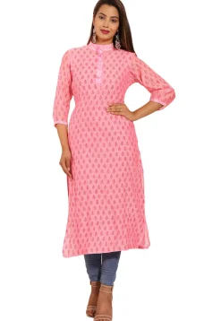 Block Printed Chanderi Silk Straight Kurta in Pink