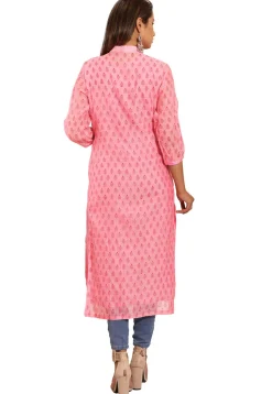 Block Printed Chanderi Silk Straight Kurta in Pink