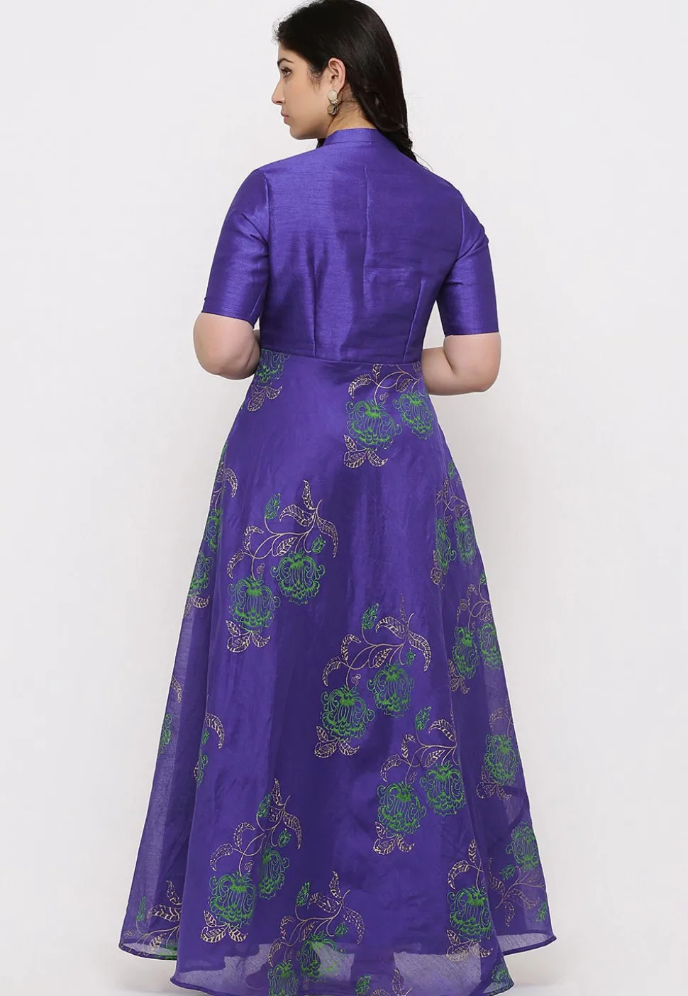 Block Printed Chanderi Silk Abaya Style Suit in Royal Blue