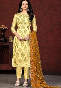Block Printed Chanderi Silk Pakistani Suit in Yellow