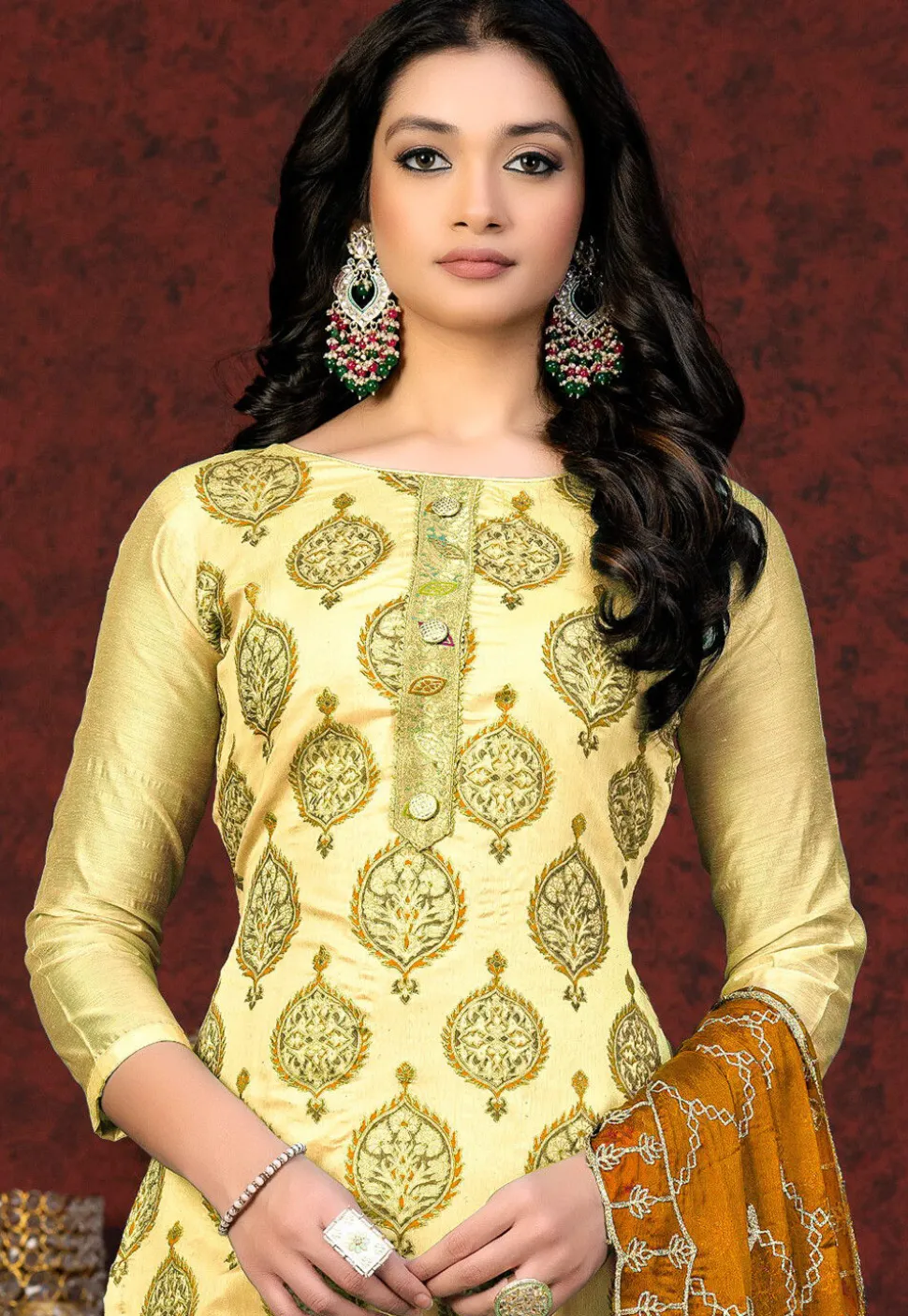 Block Printed Chanderi Silk Pakistani Suit in Yellow