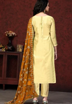 Block Printed Chanderi Silk Pakistani Suit in Yellow