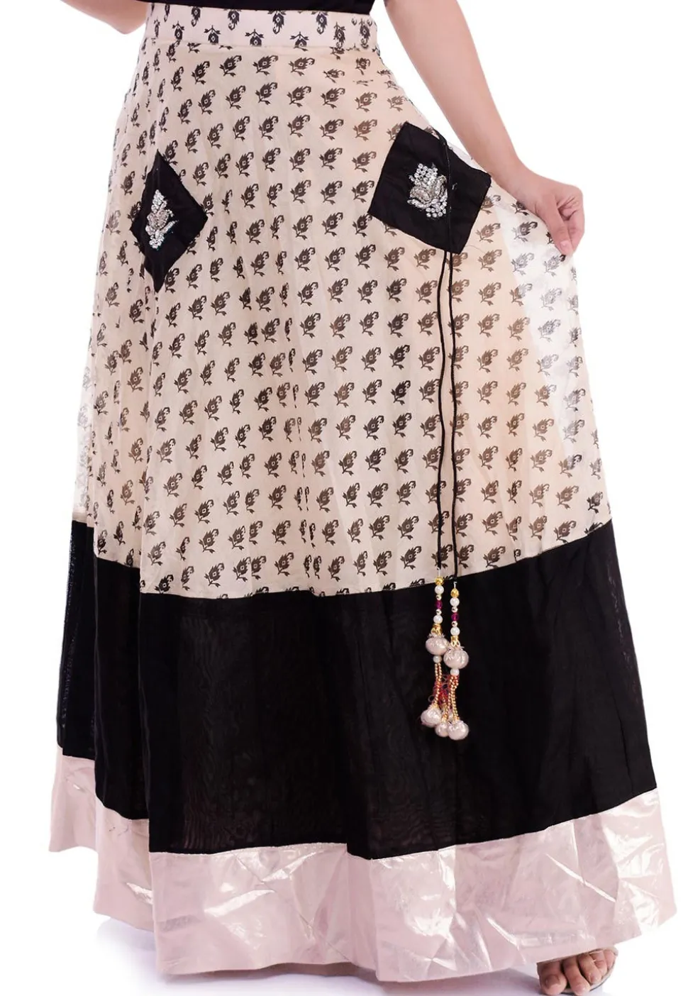 Block Printed Chanderi Silk Skirt in Light Beige
