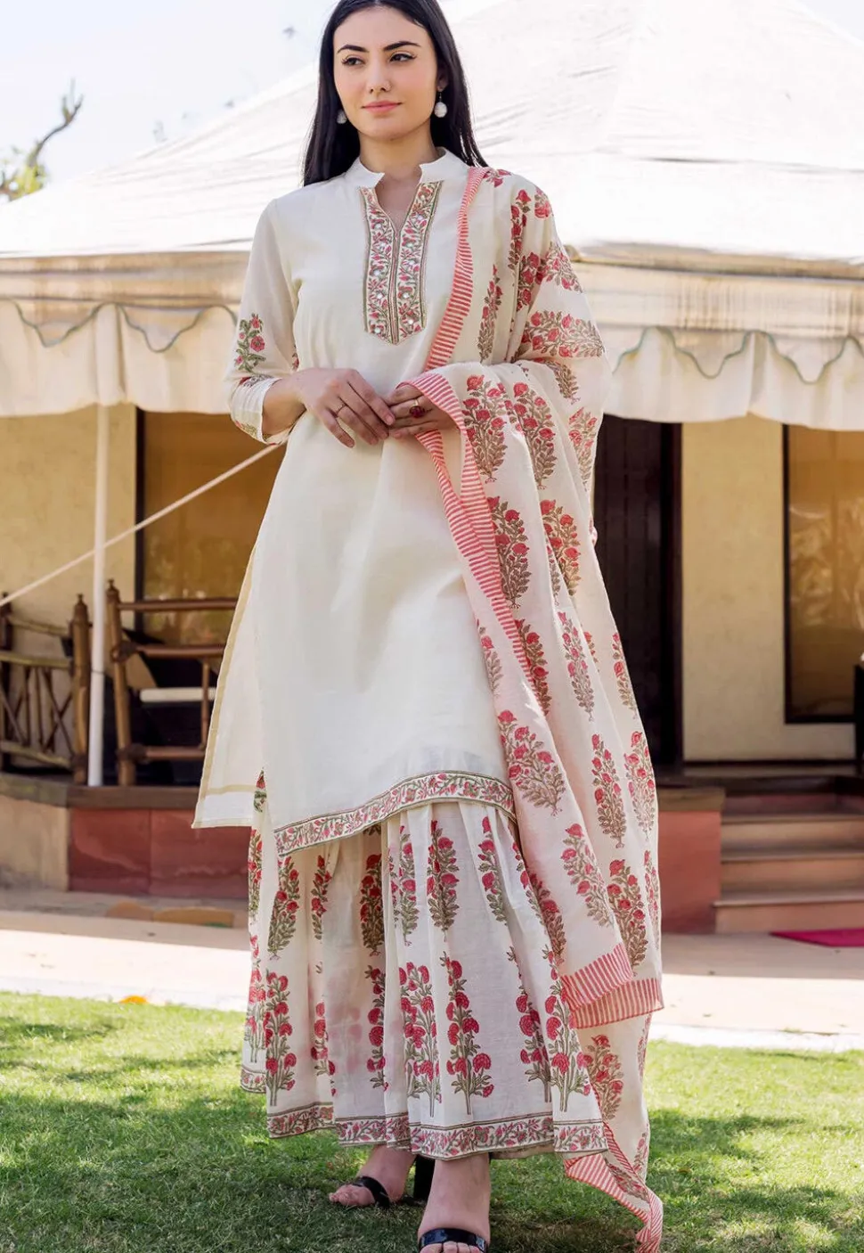 Block Printed Chanderi Silk Pakistani Suit in Cream