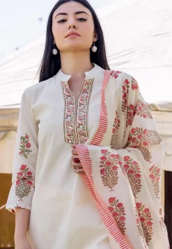 Block Printed Chanderi Silk Pakistani Suit in Cream