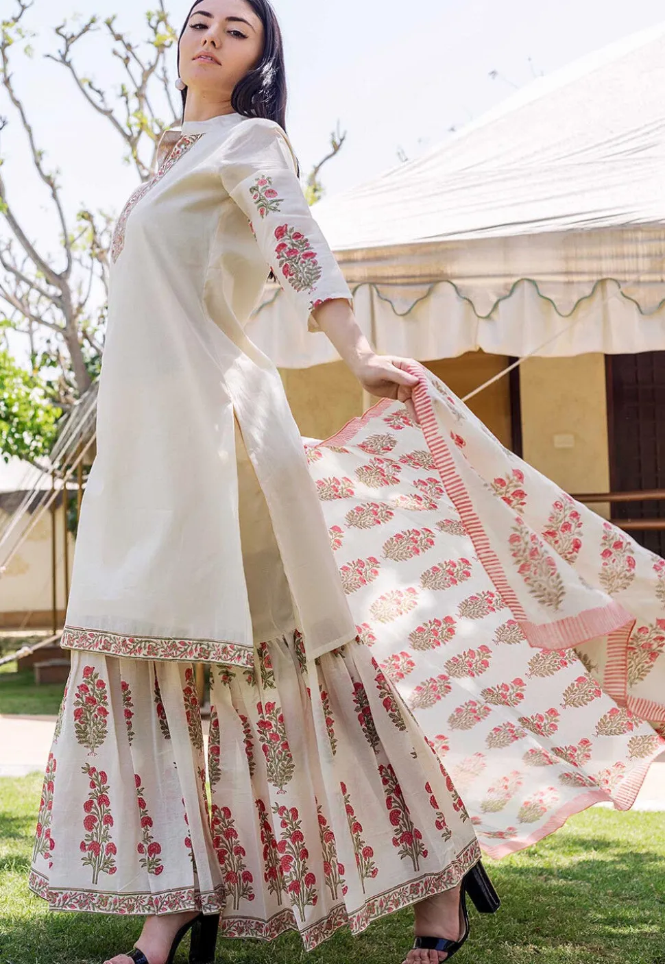 Block Printed Chanderi Silk Pakistani Suit in Cream